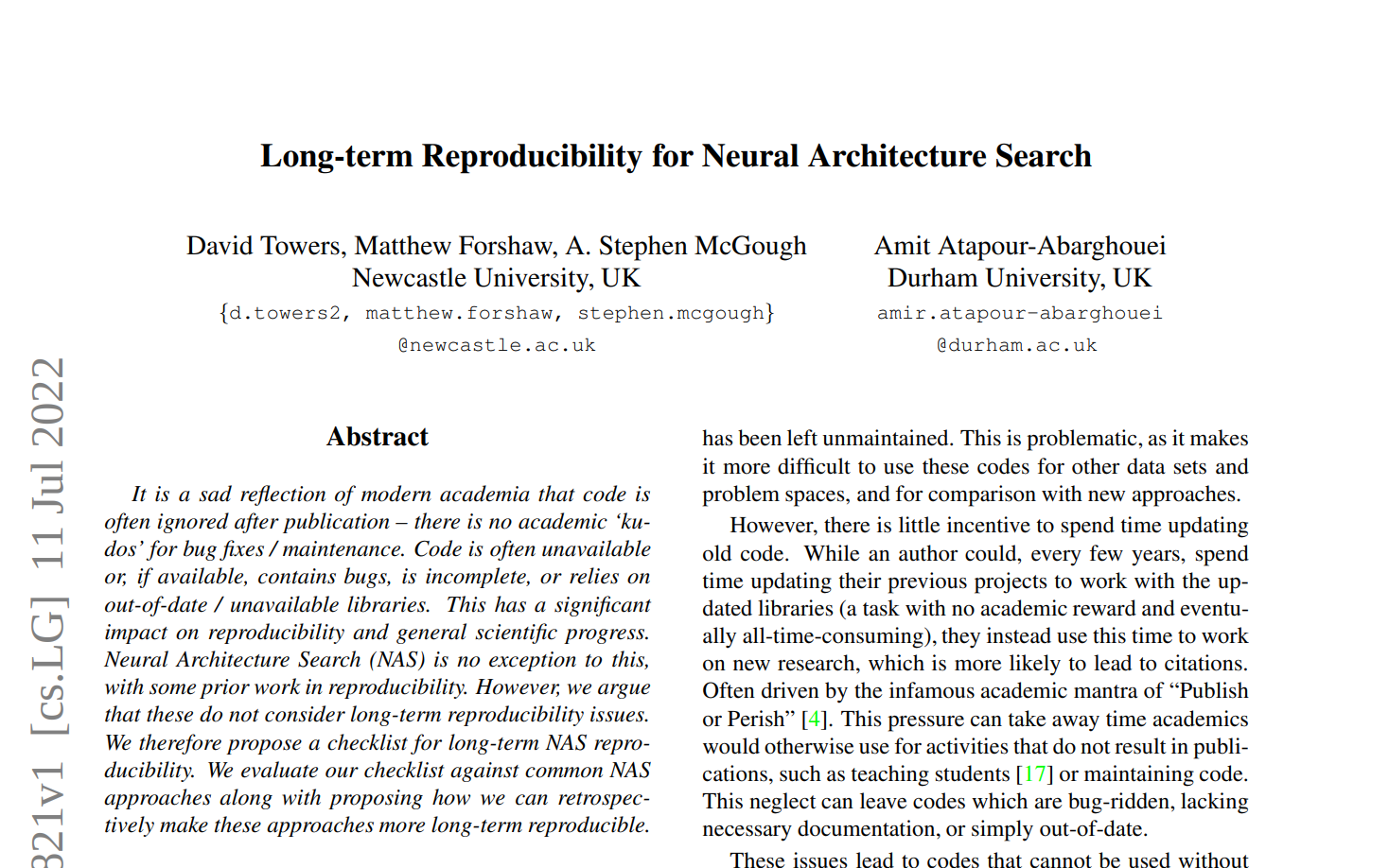 A screenshot of our Long-term Reproducibility for Nueral Architecture Search Paper